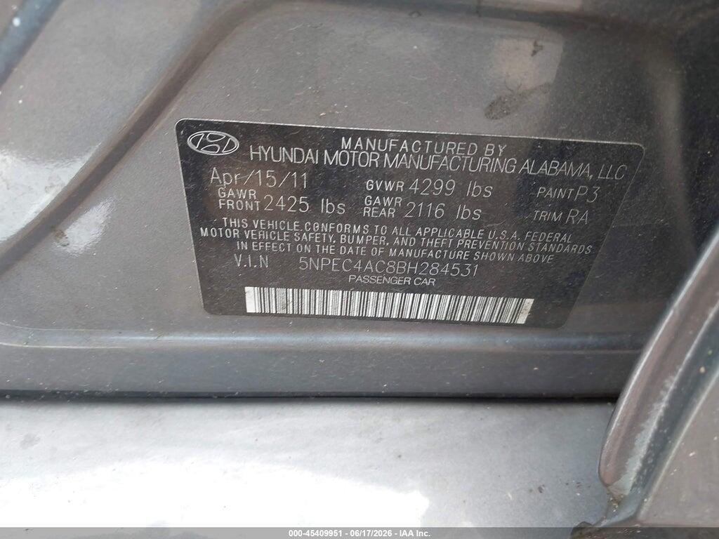 5NPEC4AC8BH284531 2011 HYUNDAI SONATA photo no. 9