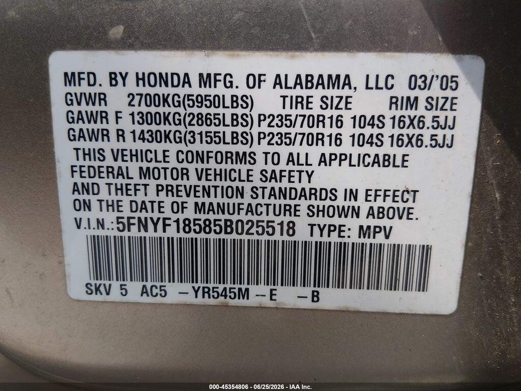 5FNYF18585B025518 2005 HONDA PILOT photo no. 9