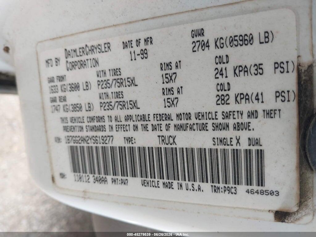 1B7GG2AN2YS619277 2000 DODGE DAKOTA photo no. 9