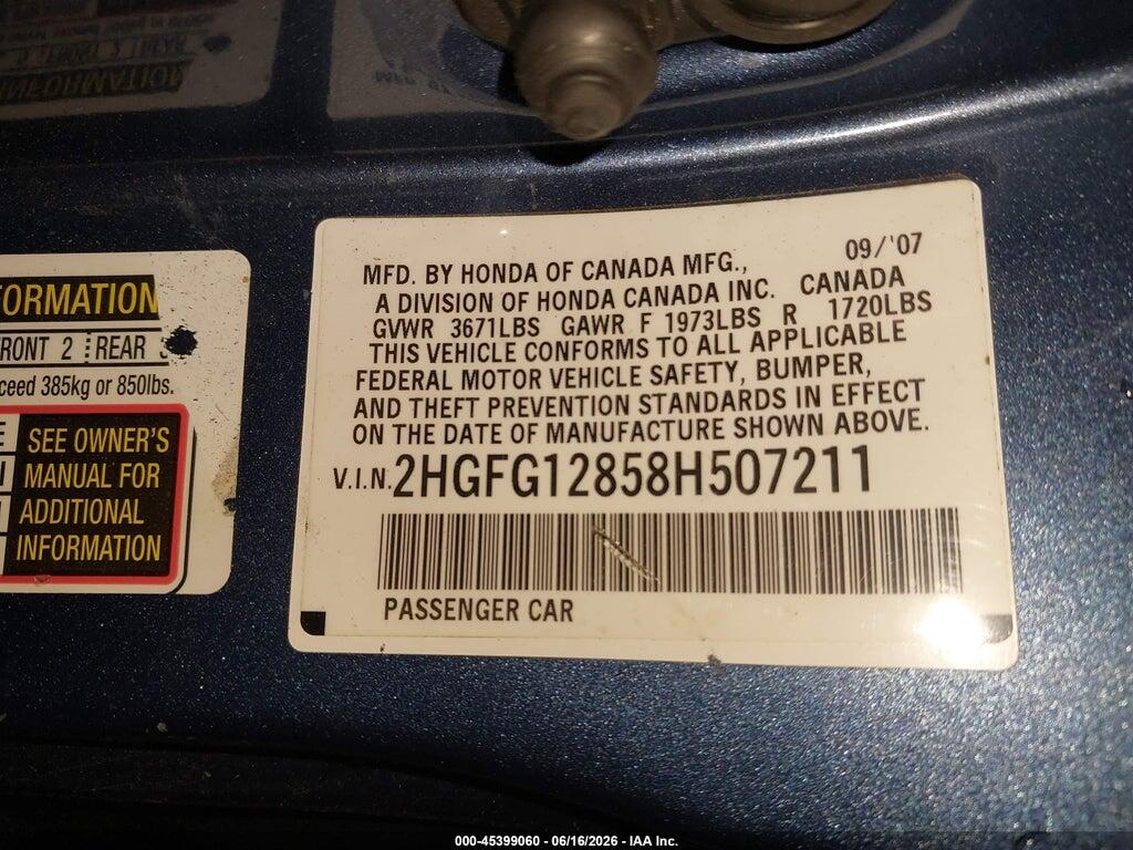 2HGFG12858H507211 2008 HONDA CIVIC photo no. 9