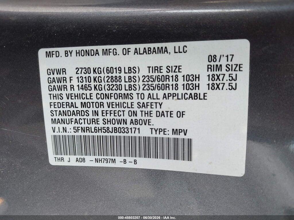 5FNRL6H58JB033171 2018 HONDA ODYSSEY photo no. 9
