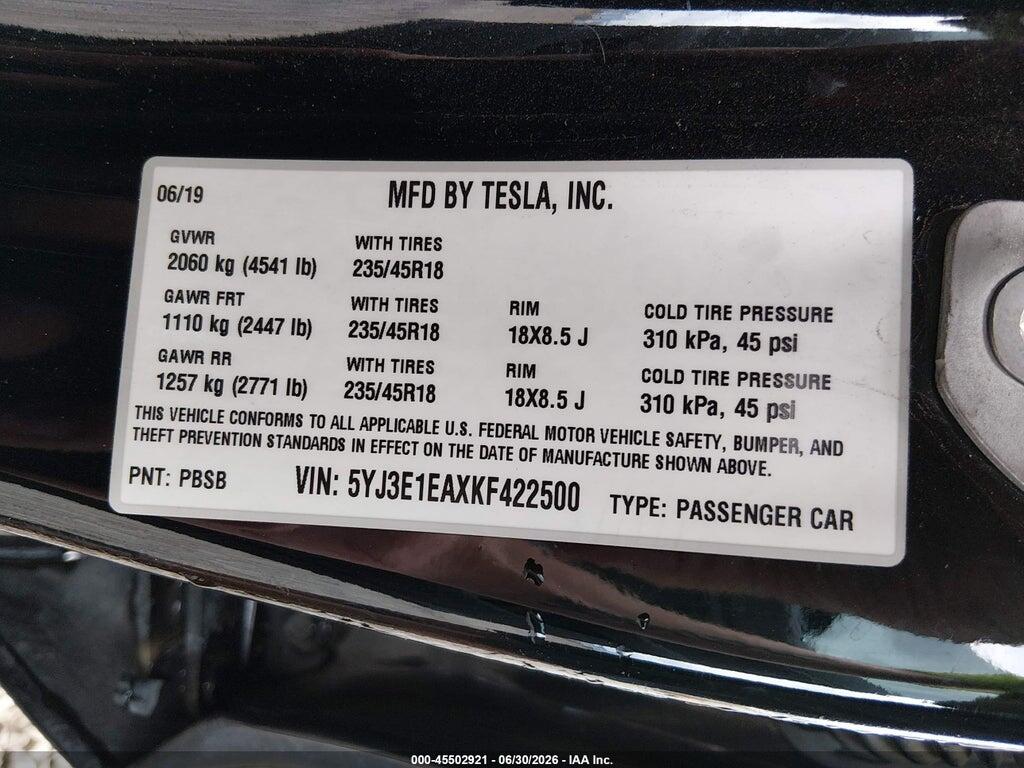 5YJ3E1EAXKF422500 2019 TESLA MODEL 3 photo no. 9