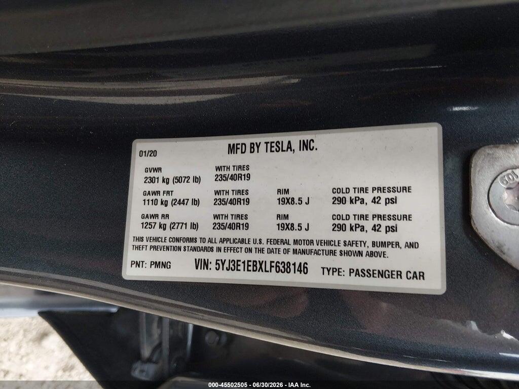 5YJ3E1EBXLF638146 2020 TESLA MODEL 3 photo no. 9