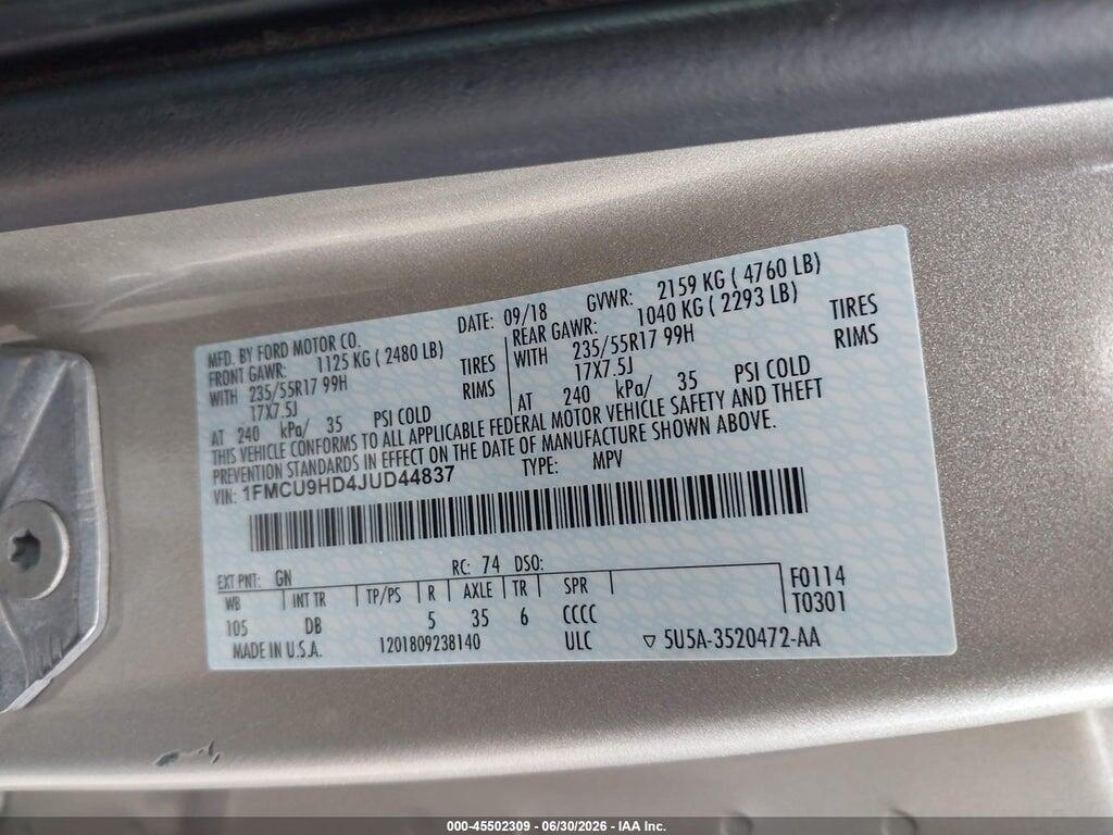 1FMCU9HD4JUD44837 2018 FORD ESCAPE photo no. 9