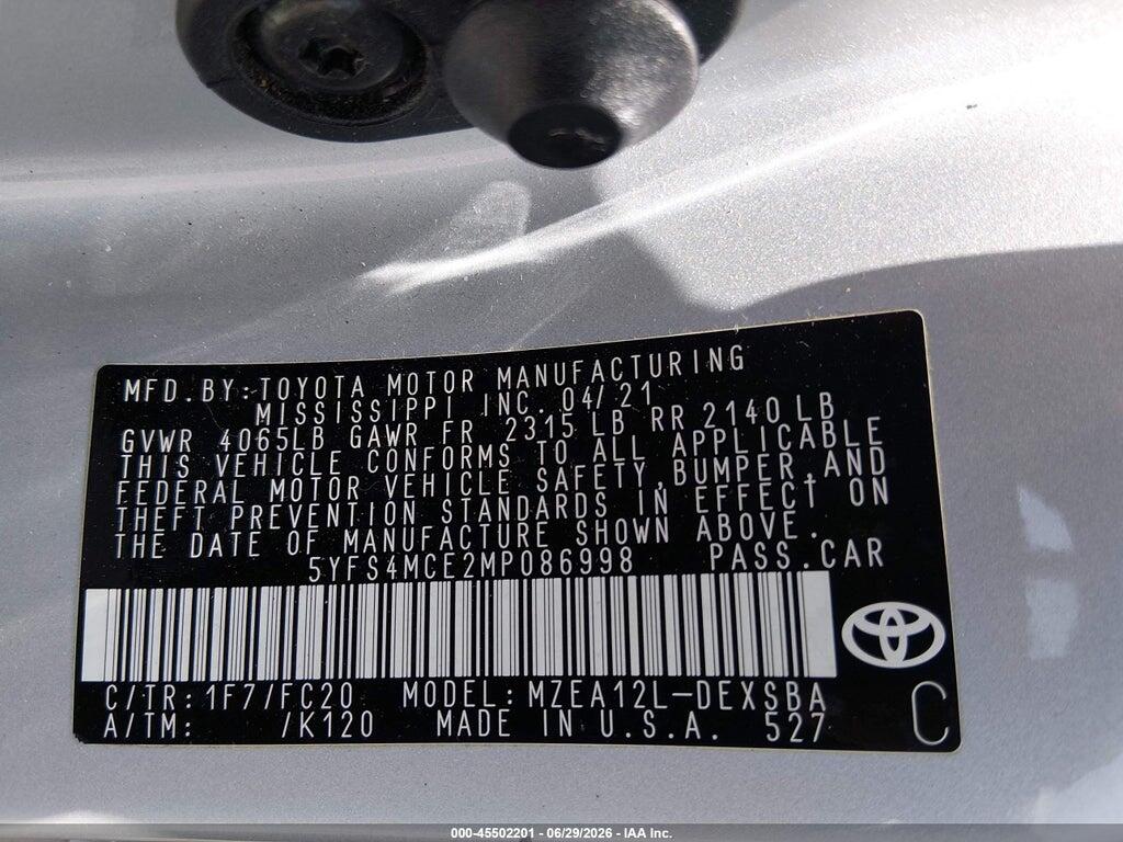 5YFS4MCE2MP086998 2021 TOYOTA COROLLA photo no. 9