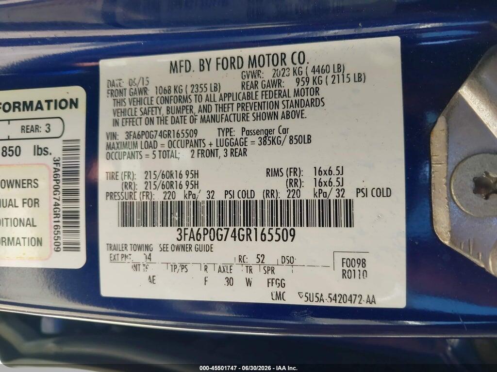 3FA6P0G74GR165509 2016 FORD FUSION photo no. 9