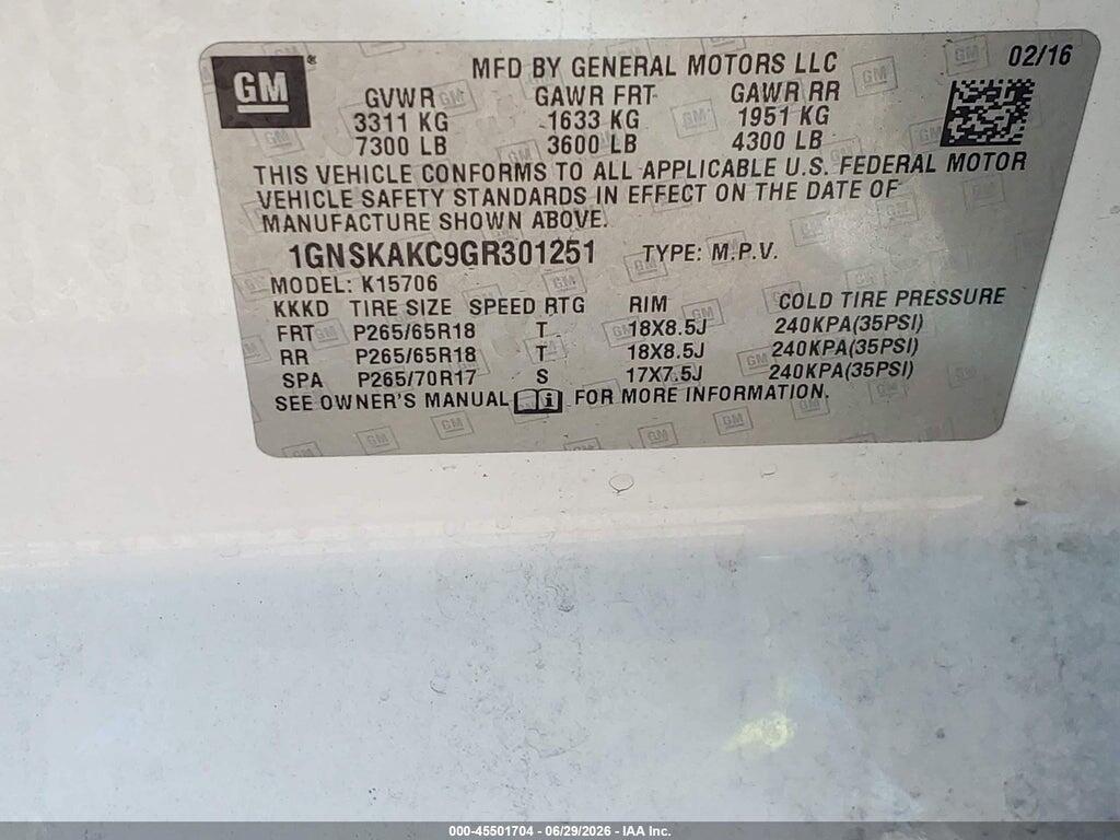 1GNSKAKC9GR301251 2016 CHEVROLET TAHOE photo no. 9