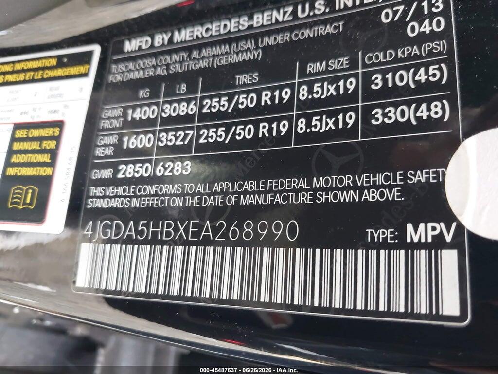 4JGDA5HBXEA268990 2014 MERCEDES-BENZ ML 350 photo no. 9