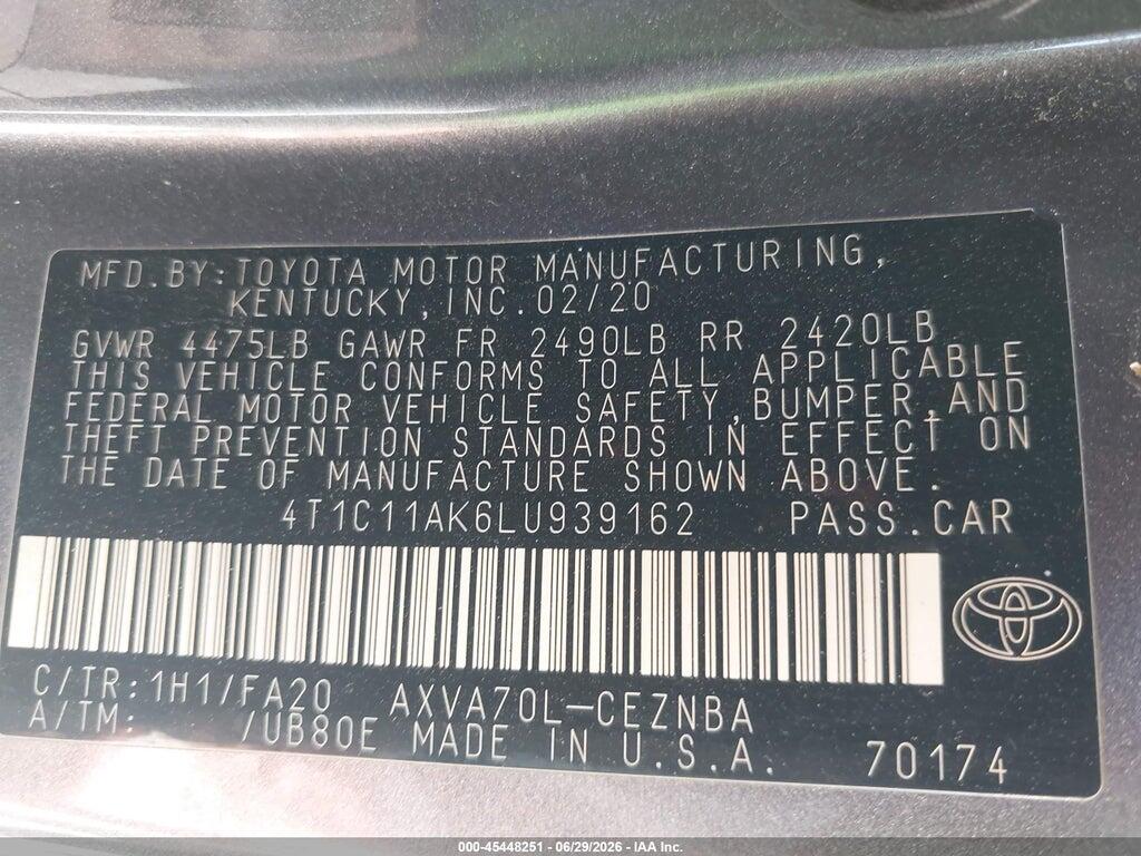 4T1C11AK6LU939162 2020 TOYOTA CAMRY photo no. 9