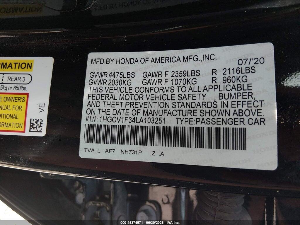 1HGCV1F34LA103251 2020 HONDA ACCORD photo no. 9