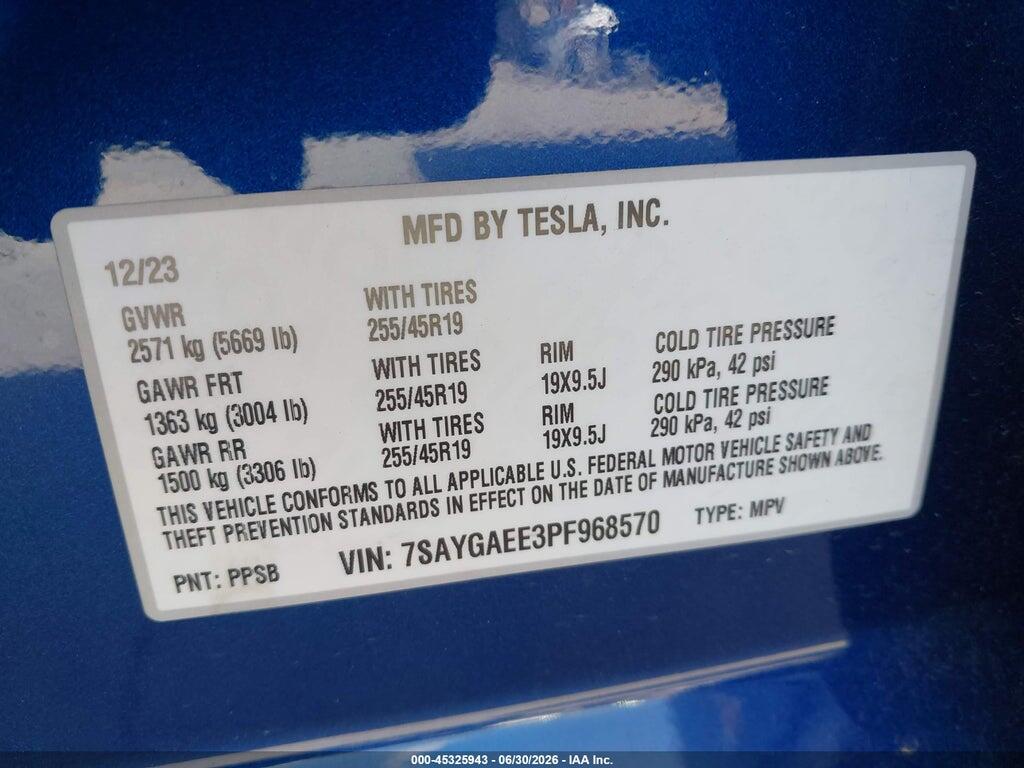7SAYGAEE3PF968570 2023 TESLA MODEL Y photo no. 9