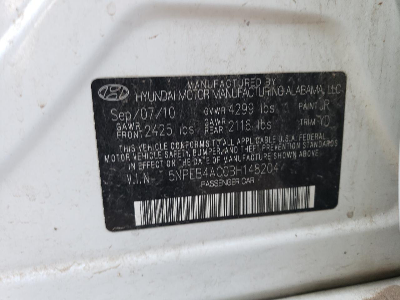 5NPEB4AC0BH148204 2011 HYUNDAI SONATA photo no. 12
