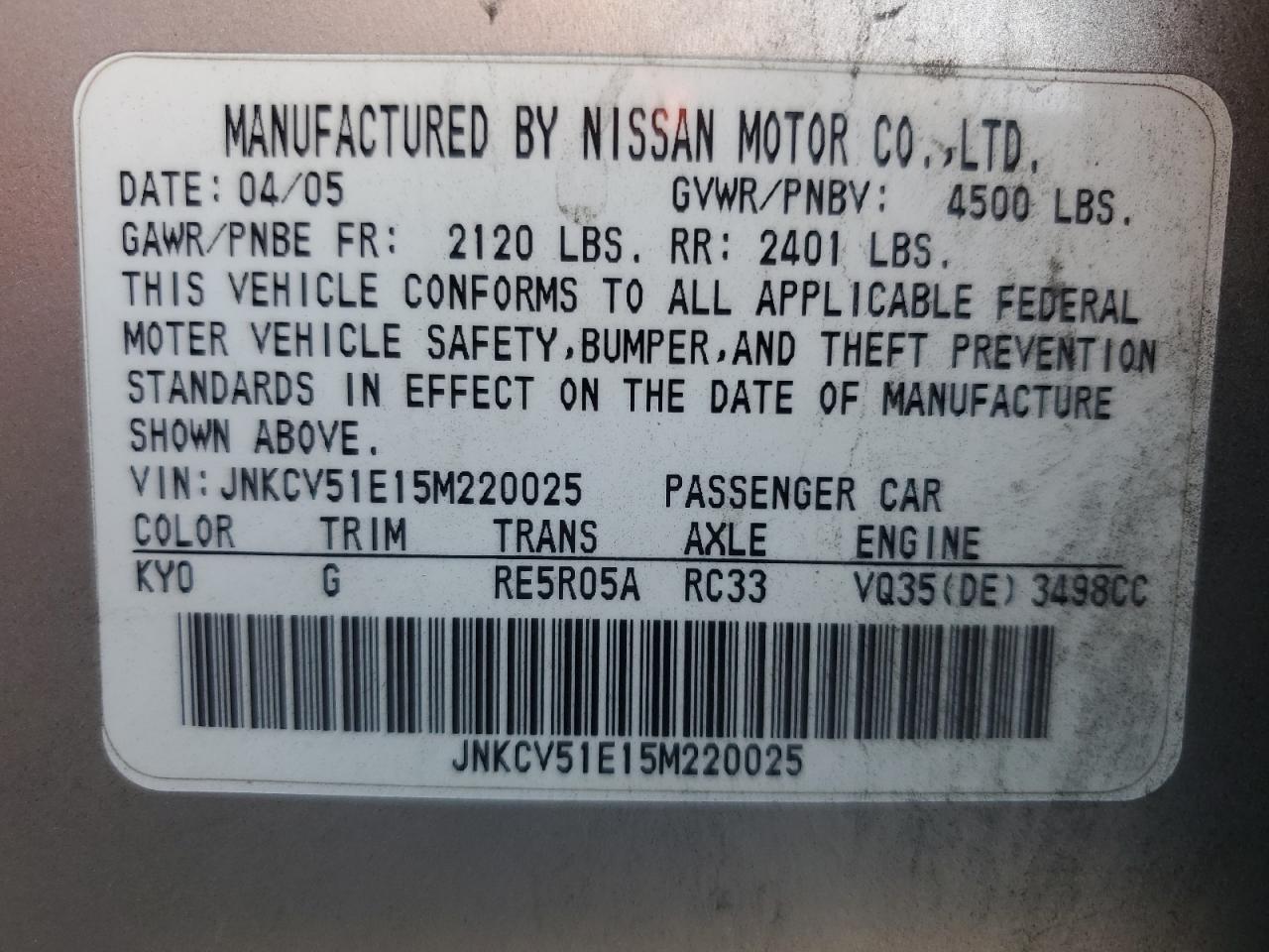 JNKCV51E15M220025 2005 INFINITI G35 photo no. 12