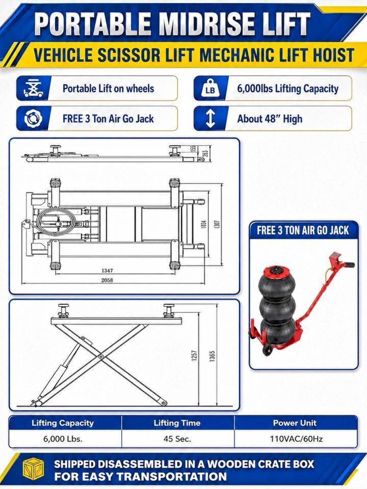 2026 PORTABLE SCISSOR CAR LIFT MID RISE MECHANIC LIFT — Фото 10 из 10