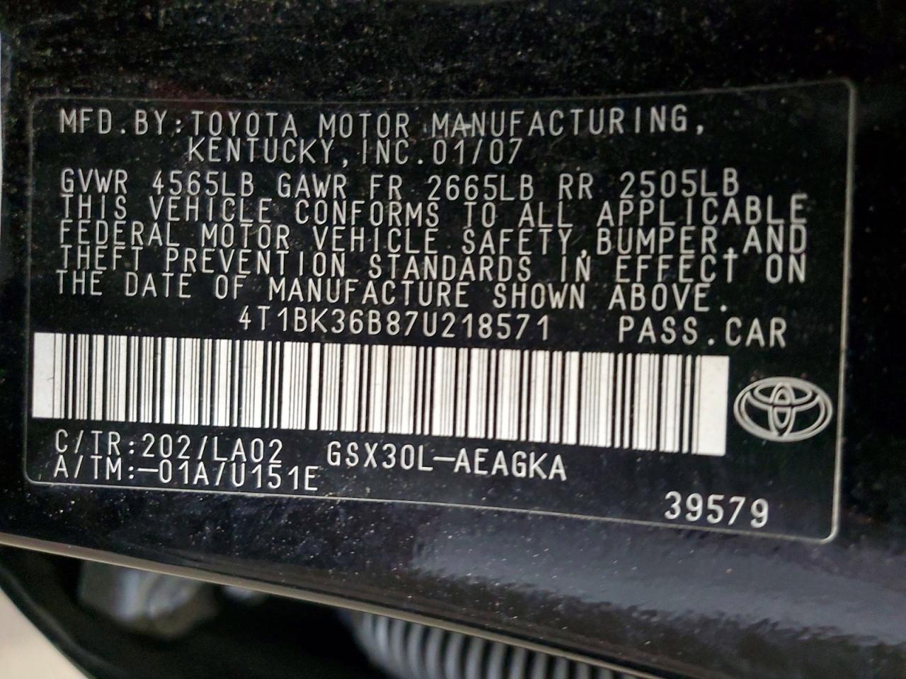 4T1BK36B87U218571 2007 TOYOTA AVALON photo no. 12