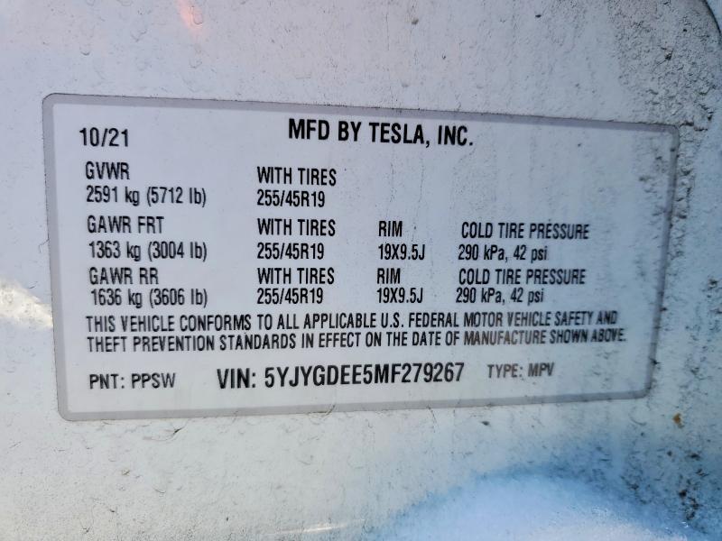 5YJYGDEE5MF279267 2021 TESLA MODEL Y photo no. 12