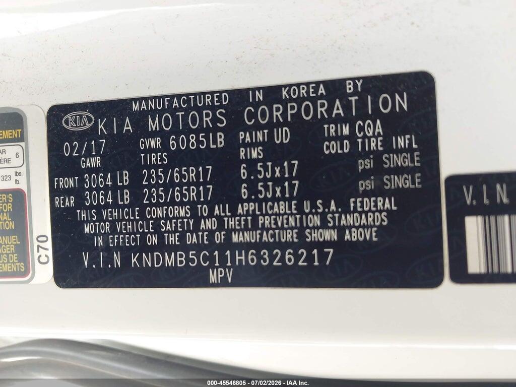 KNDMB5C11H6326217 2017 KIA SEDONA photo no. 9