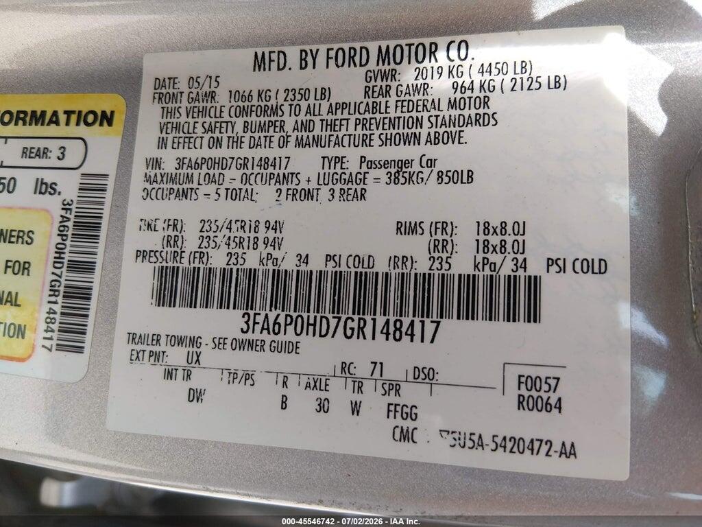 3FA6P0HD7GR148417 2016 FORD FUSION photo no. 9