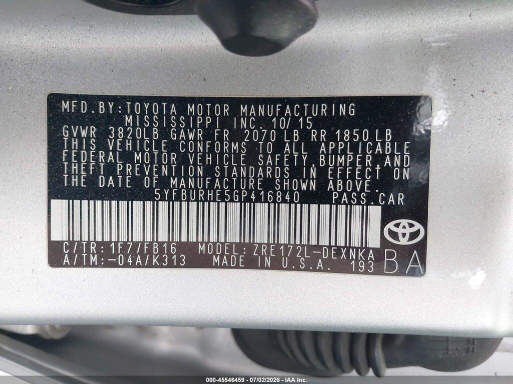 5YFBURHE5GP416840 2016 TOYOTA COROLLA photo no. 9