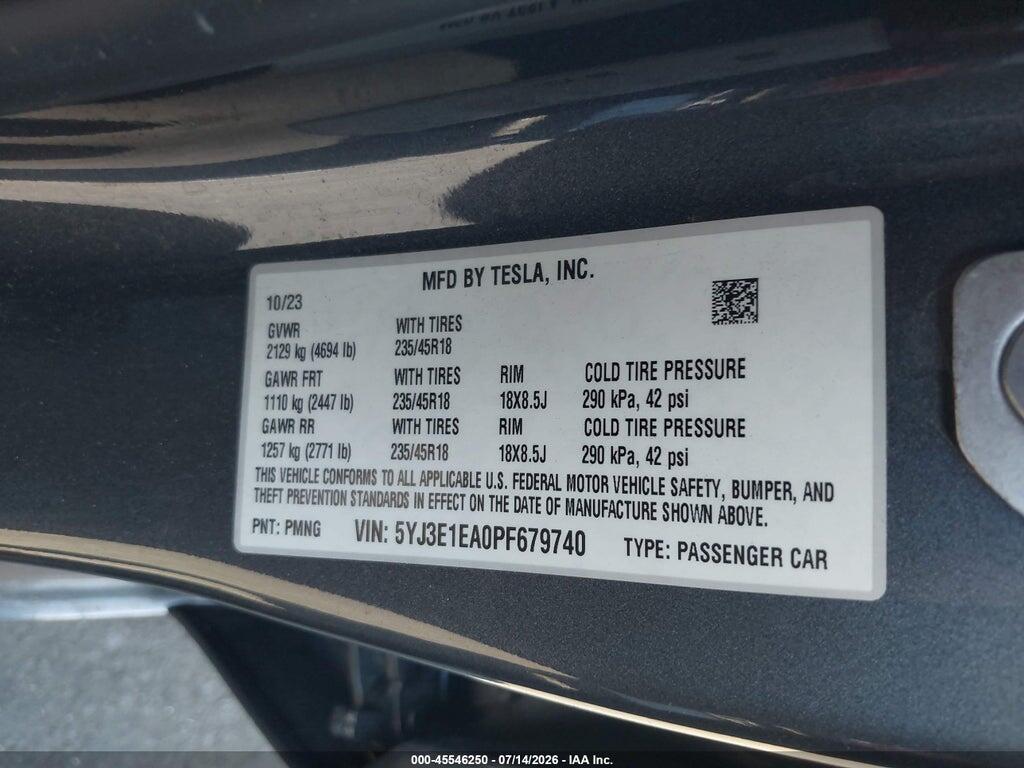 5YJ3E1EA0PF679740 2023 TESLA MODEL 3 photo no. 9