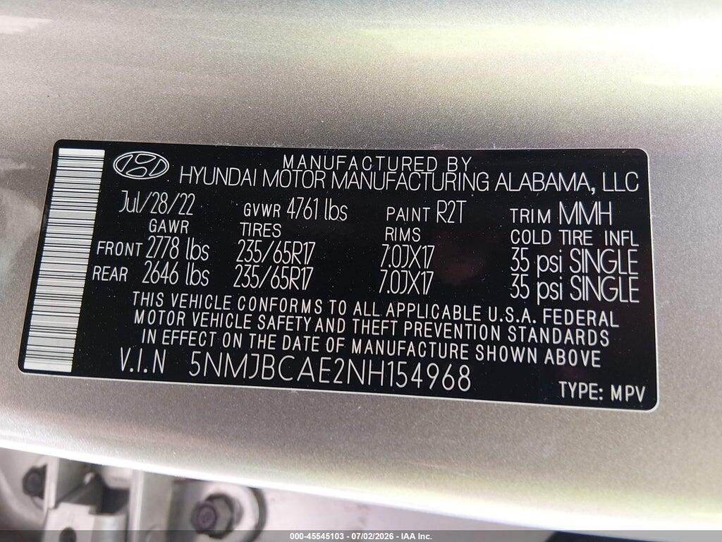 5NMJBCAE2NH154968 2022 HYUNDAI TUCSON photo no. 9