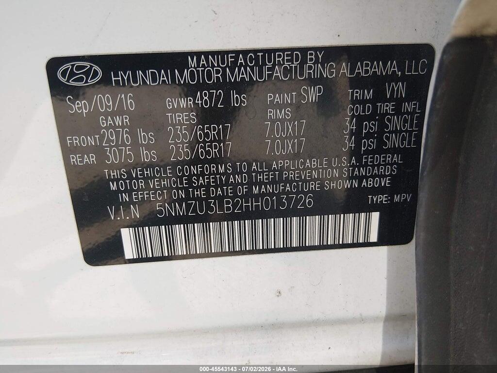 5NMZU3LB2HH013726 2017 HYUNDAI SANTA FE SPORT photo no. 9