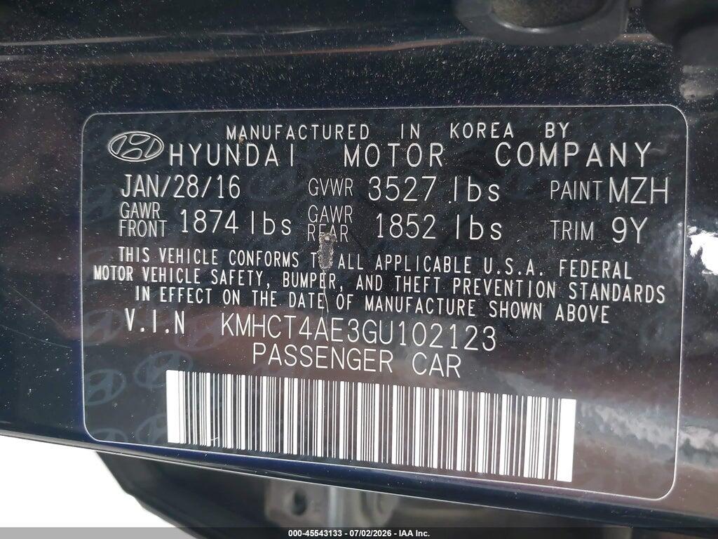 KMHCT4AE3GU102123 2016 HYUNDAI ACCENT photo no. 9