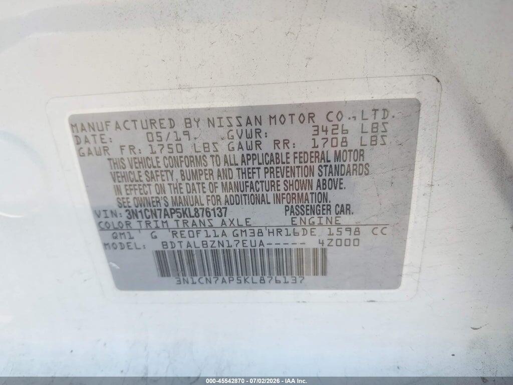 3N1CN7AP5KL876137 2019 NISSAN VERSA photo no. 9