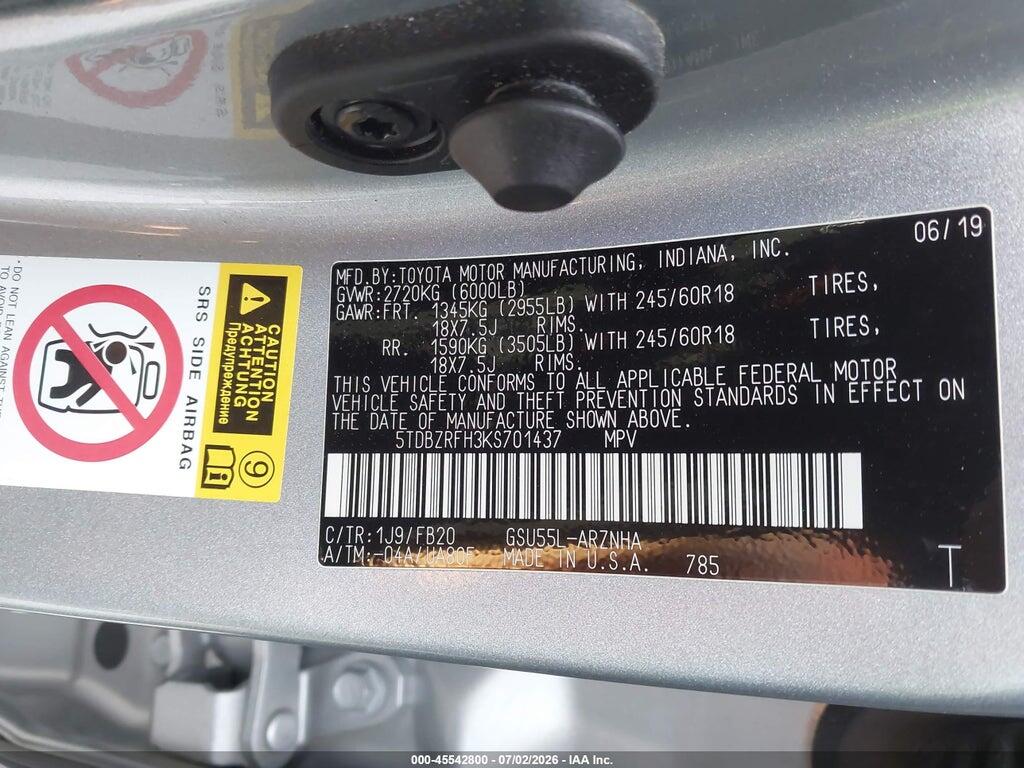 5TDBZRFH3KS701437 2019 TOYOTA HIGHLANDER photo no. 9