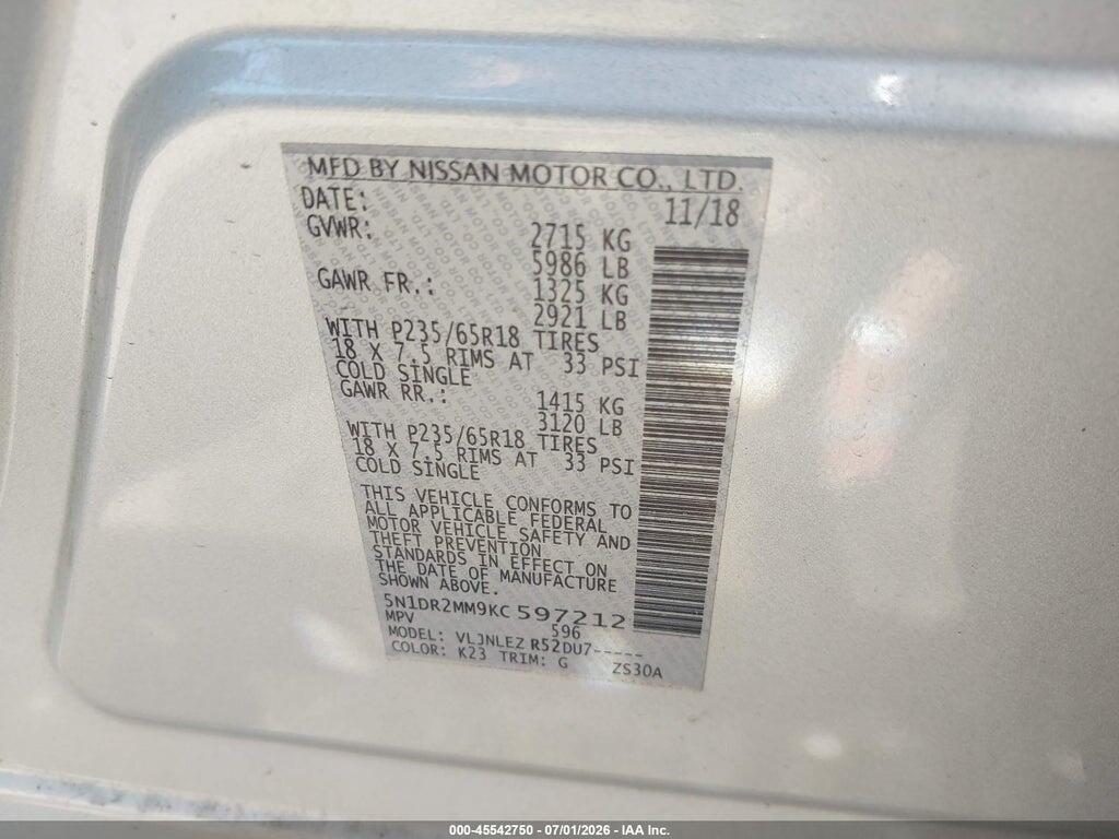 5N1DR2MM9KC597212 2019 NISSAN PATHFINDER photo no. 9