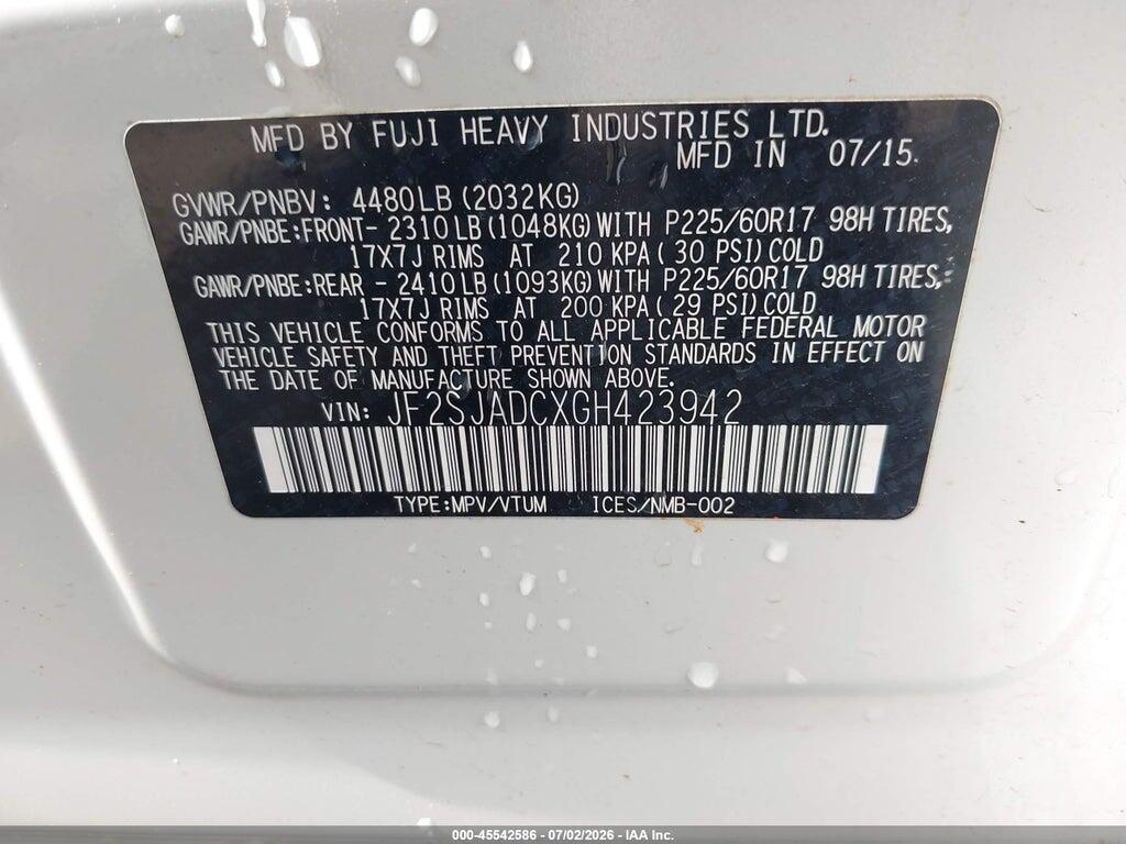 JF2SJADCXGH423942 2016 SUBARU FORESTER photo no. 9
