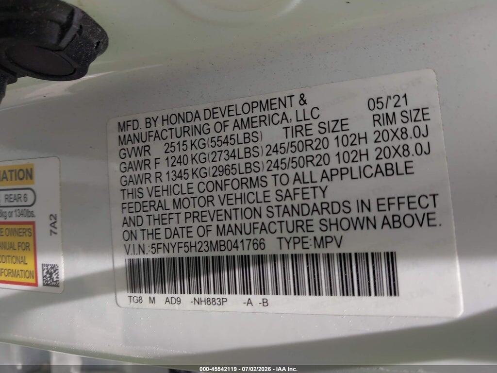 5FNYF5H23MB041766 2021 HONDA PILOT photo no. 9