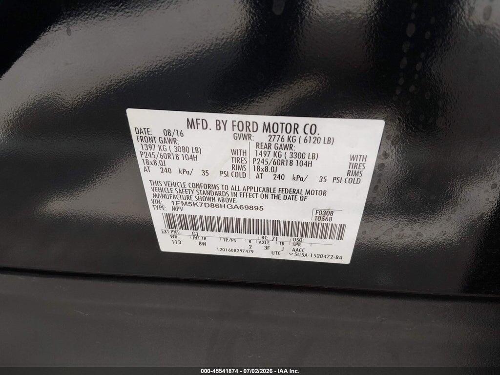 1FM5K7D86HGA69895 2017 FORD EXPLORER photo no. 9