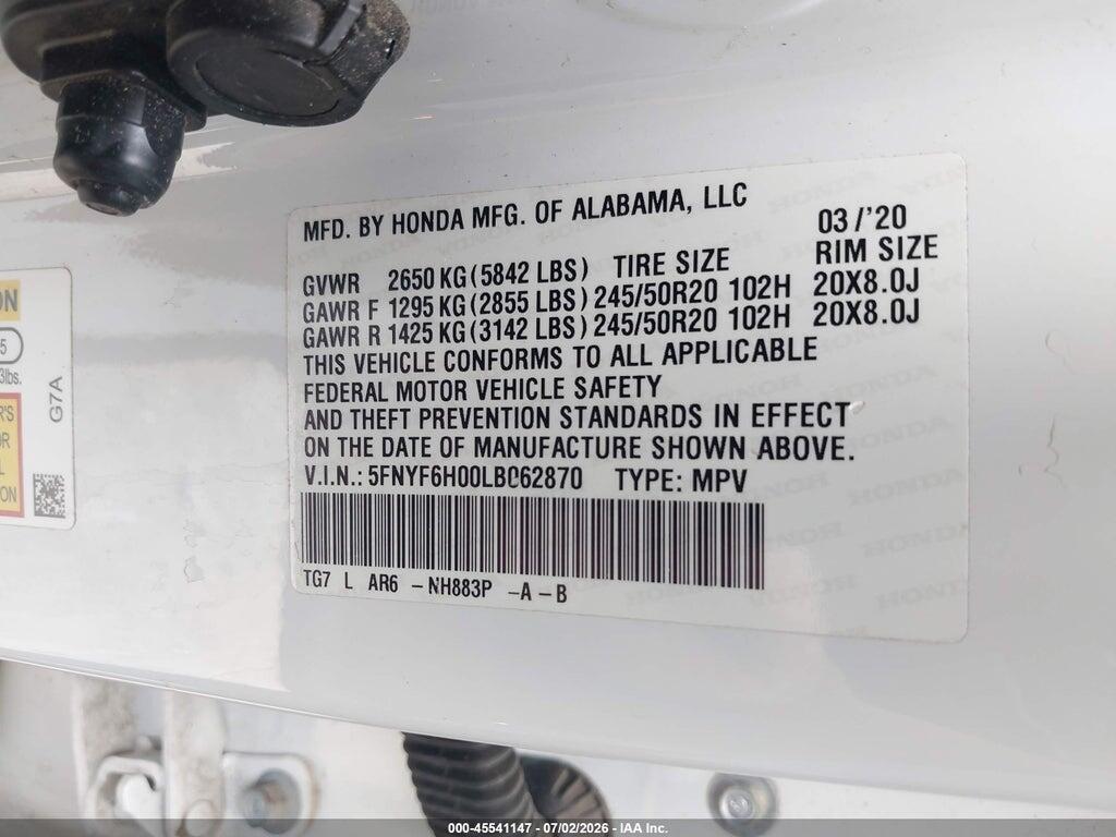 5FNYF6H00LB062870 2020 HONDA PILOT photo no. 9
