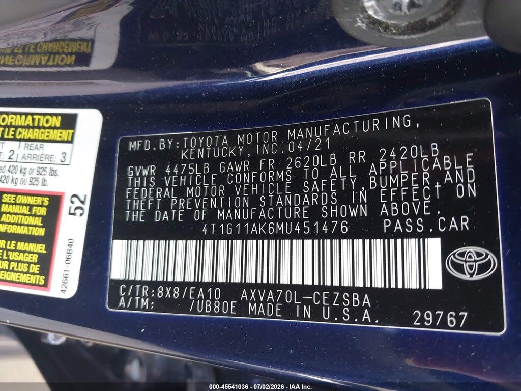 4T1G11AK6MU451476 2021 TOYOTA CAMRY photo no. 9