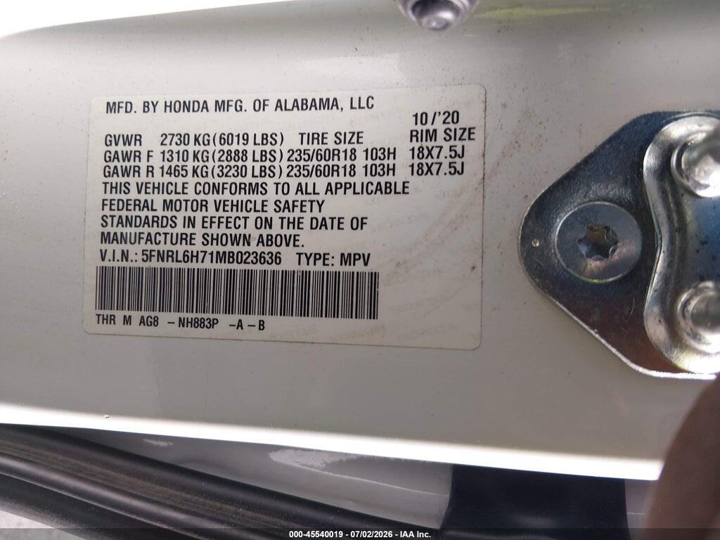 5FNRL6H71MB023636 2021 HONDA ODYSSEY photo no. 9