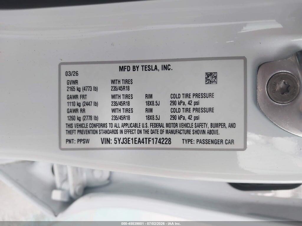 5YJ3E1EA4TF174228 2026 TESLA MODEL 3 photo no. 9