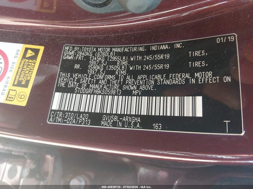 5TDDGRFH6KS059813 2019 TOYOTA HIGHLANDER HYBRID photo no. 9