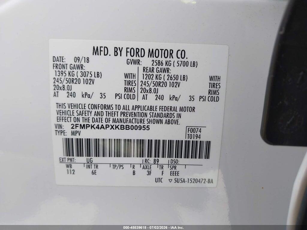 2FMPK4APXKBB00955 2019 FORD EDGE photo no. 9