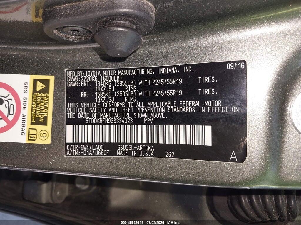 5TDDKRFH9GS334323 2016 TOYOTA HIGHLANDER photo no. 9