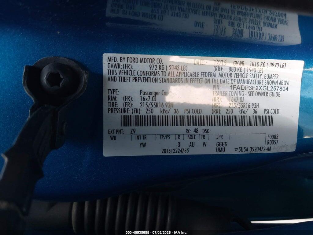 1FADP3F2XGL257804 2016 FORD FOCUS photo no. 9
