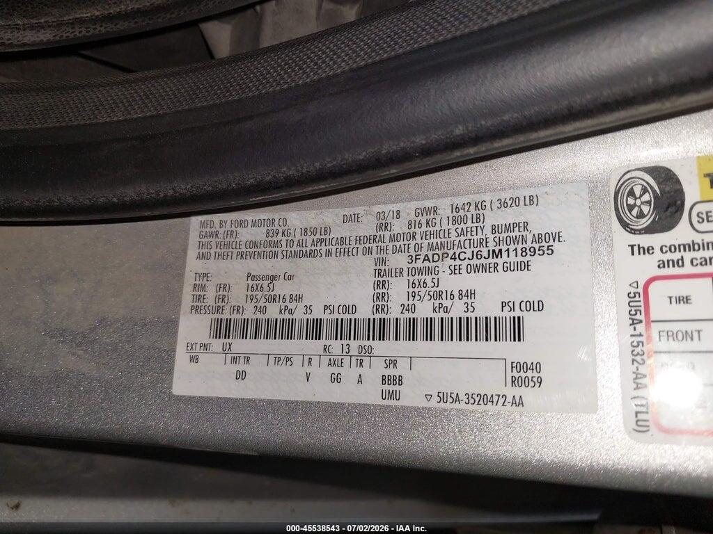 3FADP4CJ6JM118955 2018 FORD FIESTA photo no. 9