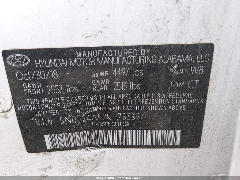 5NPE24AF2KH753397 2019 HYUNDAI SONATA photo no. 9
