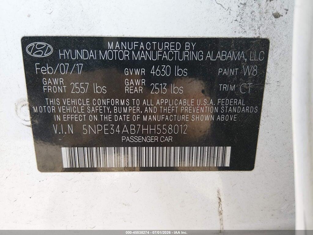 5NPE34AB7HH558012 2017 HYUNDAI SONATA photo no. 9