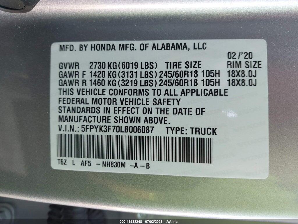 5FPYK3F70LB006087 2020 HONDA RIDGELINE photo no. 9