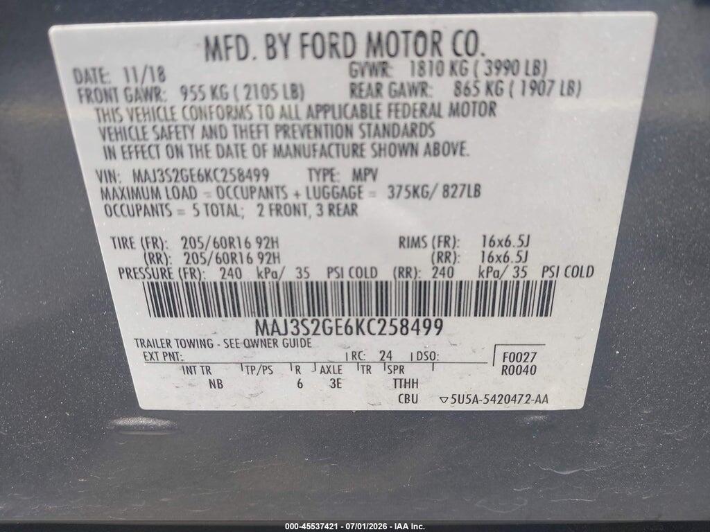 MAJ3S2GE6KC258499 2019 FORD ECOSPORT photo no. 9