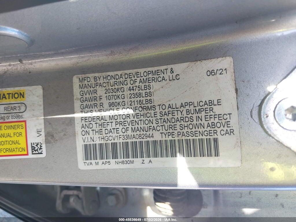 1HGCV1F33MA082944 2021 HONDA ACCORD photo no. 9