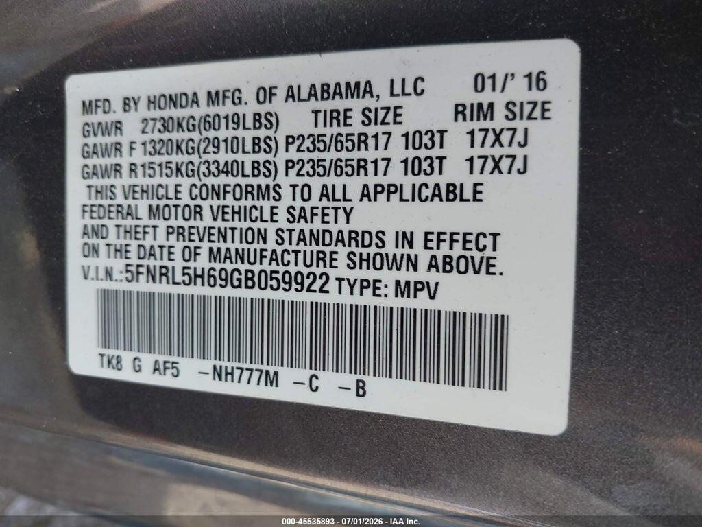5FNRL5H69GB059922 2016 HONDA ODYSSEY photo no. 9
