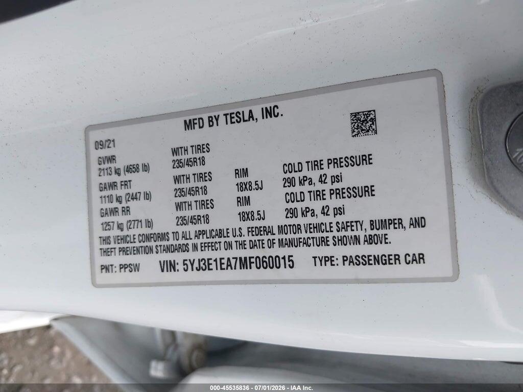 5YJ3E1EA7MF060015 2021 TESLA MODEL 3 photo no. 9