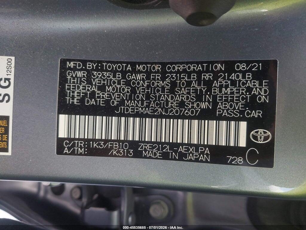 JTDEPMAE2NJ207607 2022 TOYOTA COROLLA photo no. 9